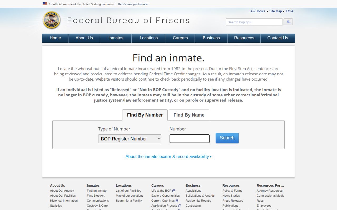 BOP locator for a federal Charleston County release record