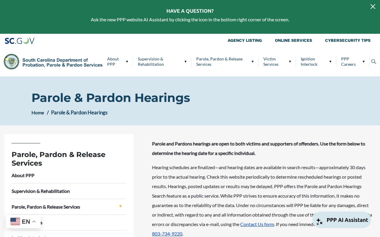 Charleston County parole hearing and release records search